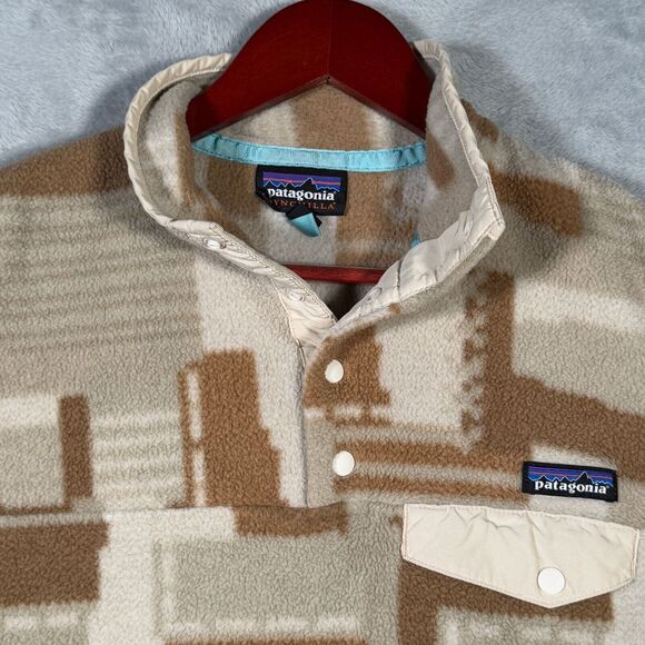 Patagonia Sweater Womens‎ Small Brown Birch White Synchilla Snap T Pullover - Picture 1 of 9